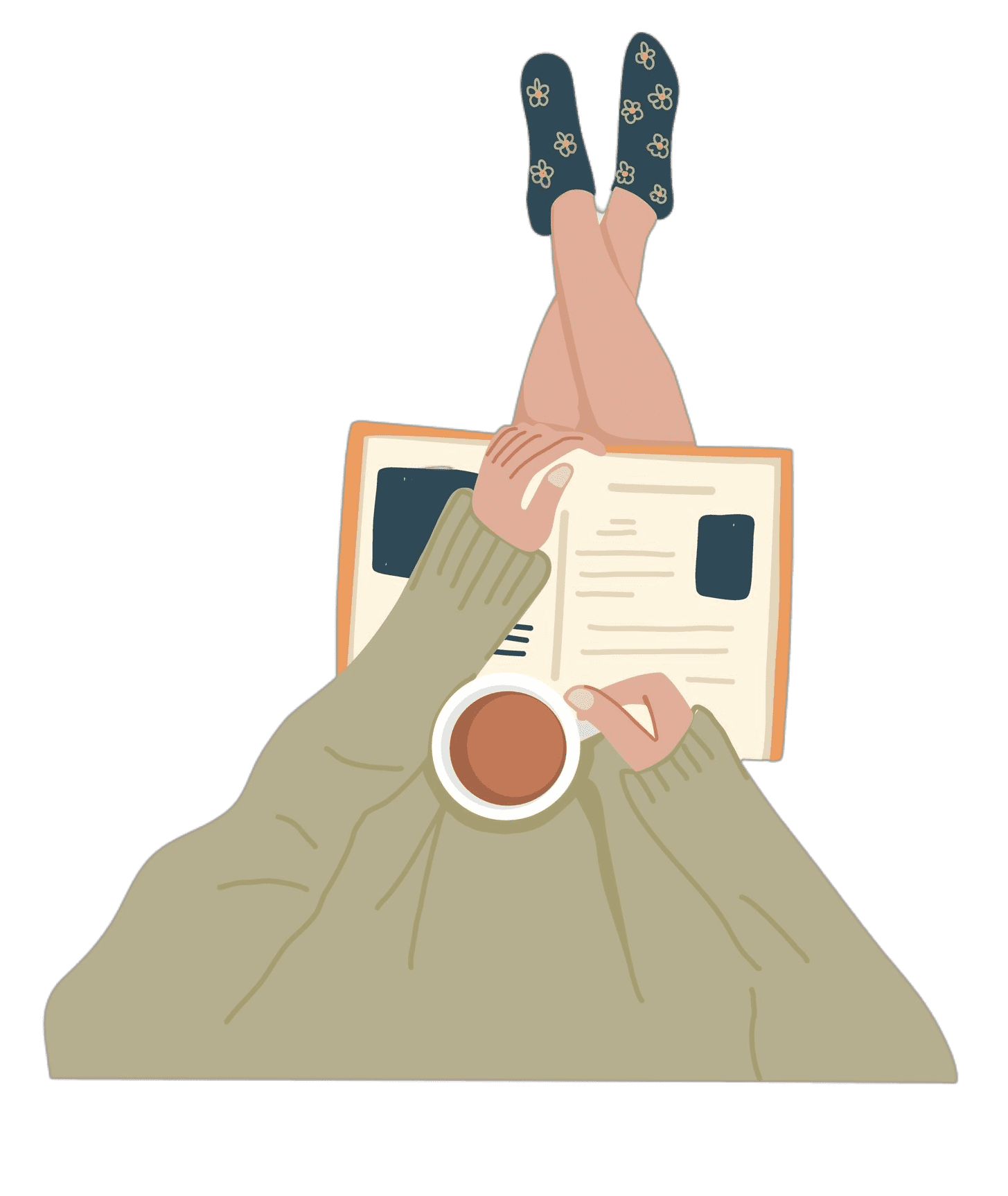 Persona che legge un libro con una tazza di caffé